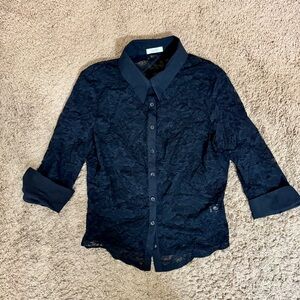 Cache Y2K Sheer Black Lace Cotton Collar Button Up Top 3/4 Sleeve size M Party